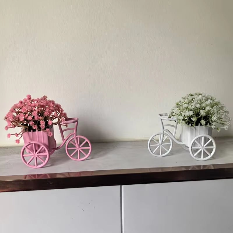 Light Luxury Modern Style Bicycle Flower Basket with Beautiful Artificial Flowers and Baby's Breath, Warm Home Decor for Cabinets, Bookshelves, Desktop Ornaments, Birthday, Housewarming, Valentine's Day Gift