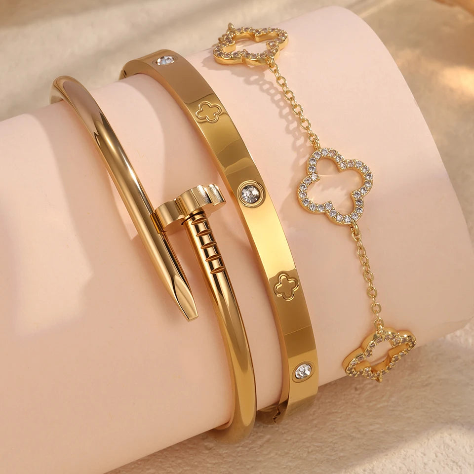 3Pcs Stainless Steel 18K Gold Plated Four-Leaf Flower Nails Stacked Bracelet Bangles Shiny Zircon Couple Jewelry Gift