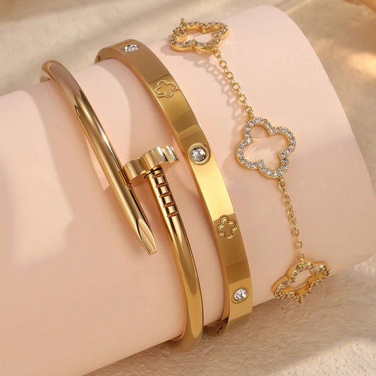 3Pcs Stainless Steel 18K Gold Plated Four-Leaf Flower Nails Stacked Bracelet Bangles Shiny Zircon Couple Jewelry Gift