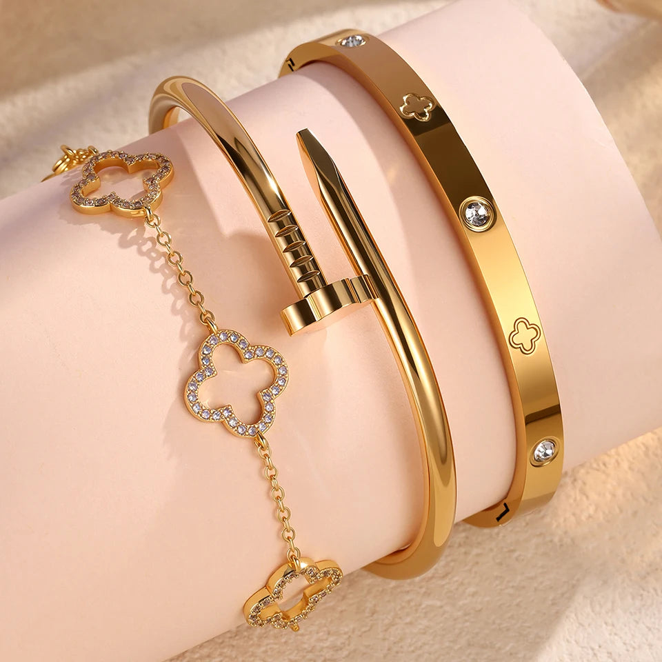 3Pcs Stainless Steel 18K Gold Plated Four-Leaf Flower Nails Stacked Bracelet Bangles Shiny Zircon Couple Jewelry Gift