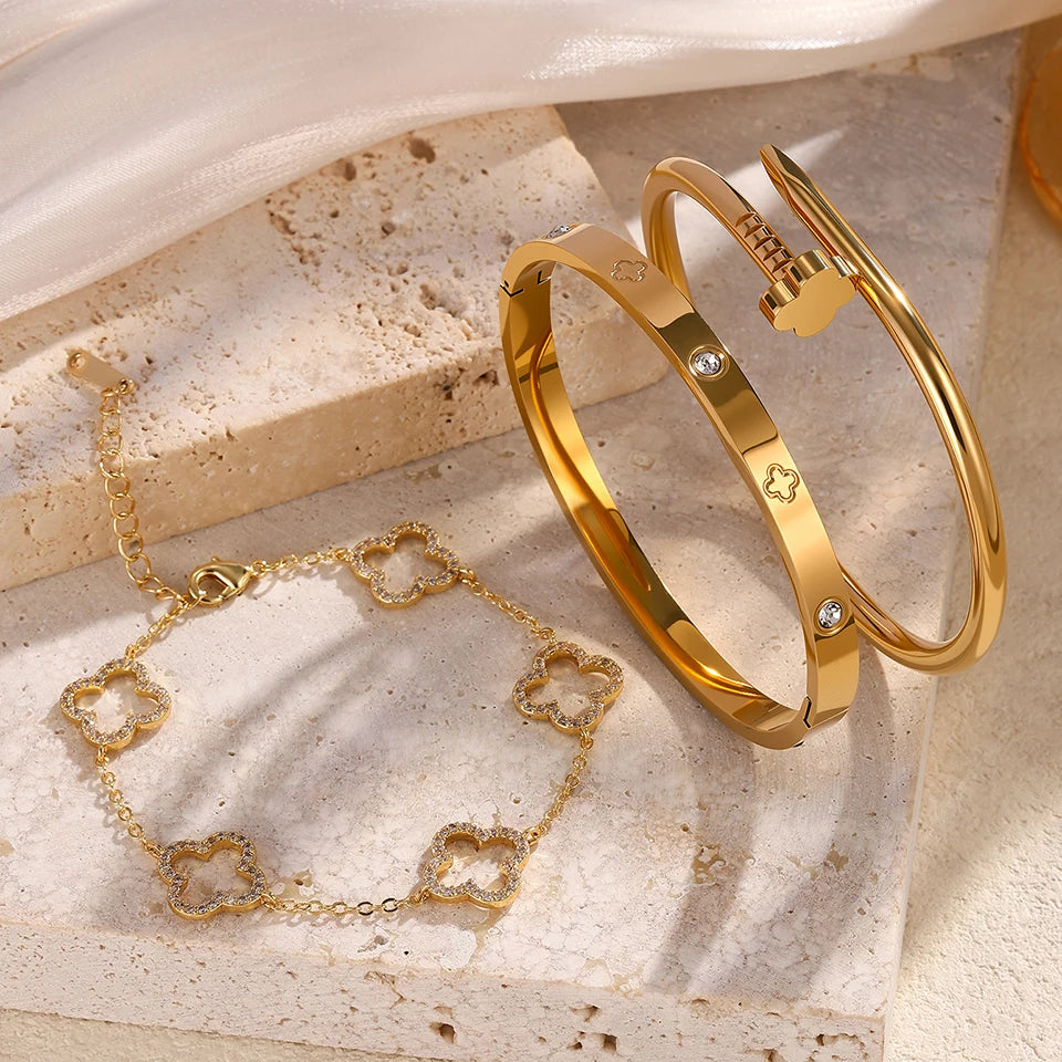 3Pcs Stainless Steel 18K Gold Plated Four-Leaf Flower Nails Stacked Bracelet Bangles Shiny Zircon Couple Jewelry Gift