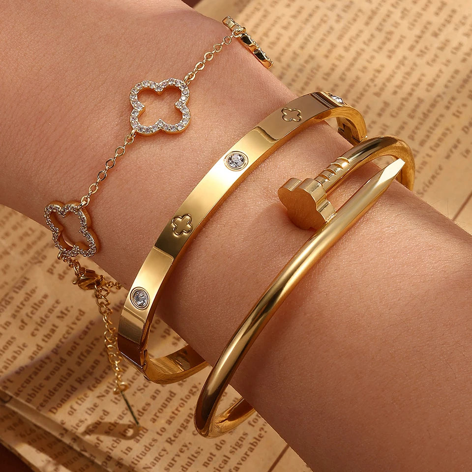3Pcs Stainless Steel 18K Gold Plated Four-Leaf Flower Nails Stacked Bracelet Bangles Shiny Zircon Couple Jewelry Gift