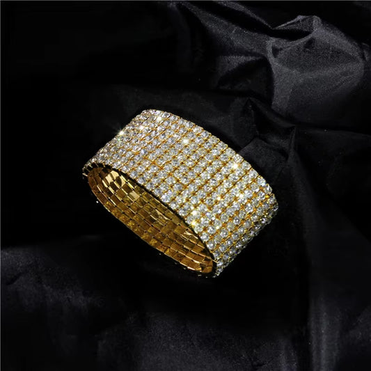 1-10 Rows Rhinestones Bridal Wedding Bangles Gold/Silver Color Crystal Stretch Bracelet Women Wristband Elastic Jewelry