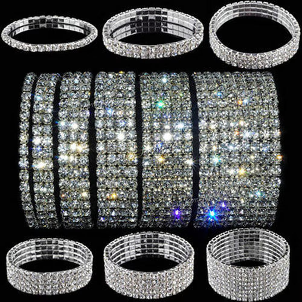 1-10 Rows Rhinestones Bridal Wedding Bangles Gold/Silver Color Crystal Stretch Bracelet Women Wristband Elastic Jewelry