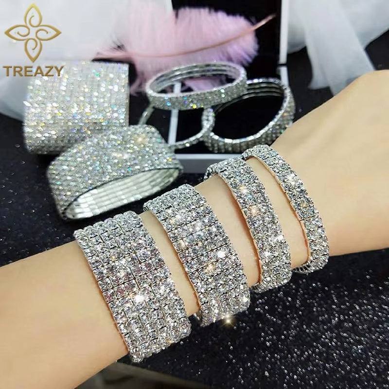 1-10 Rows Rhinestones Bridal Wedding Bangles Gold/Silver Color Crystal Stretch Bracelet Women Wristband Elastic Jewelry