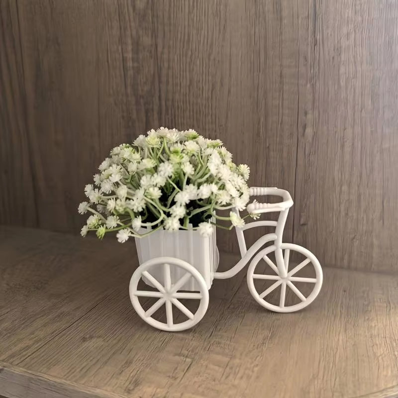 Light Luxury Modern Style Bicycle Flower Basket with Beautiful Artificial Flowers and Baby's Breath, Warm Home Decor for Cabinets, Bookshelves, Desktop Ornaments, Birthday, Housewarming, Valentine's Day Gift