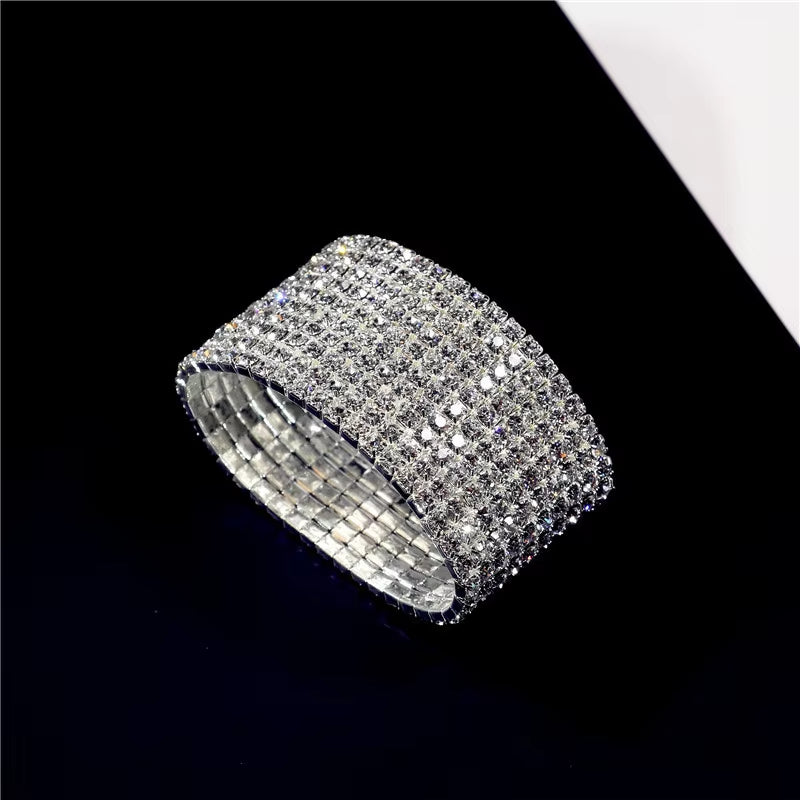 1-10 Rows Rhinestones Bridal Wedding Bangles Gold/Silver Color Crystal Stretch Bracelet Women Wristband Elastic Jewelry