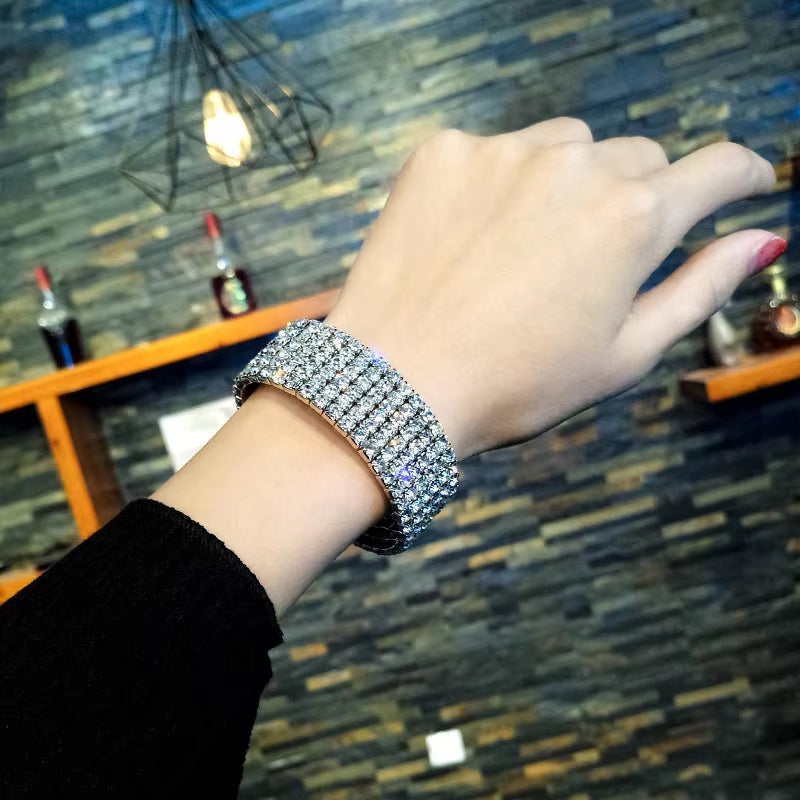1-10 Rows Rhinestones Bridal Wedding Bangles Gold/Silver Color Crystal Stretch Bracelet Women Wristband Elastic Jewelry
