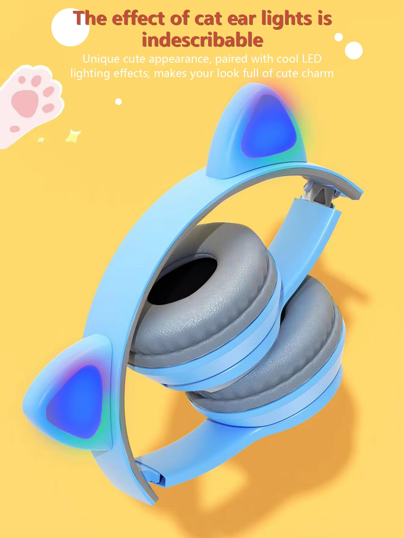 Fashionable foldable cool glowing cat-ear over-ear headphones, suitable for office use / listening to music / exercising