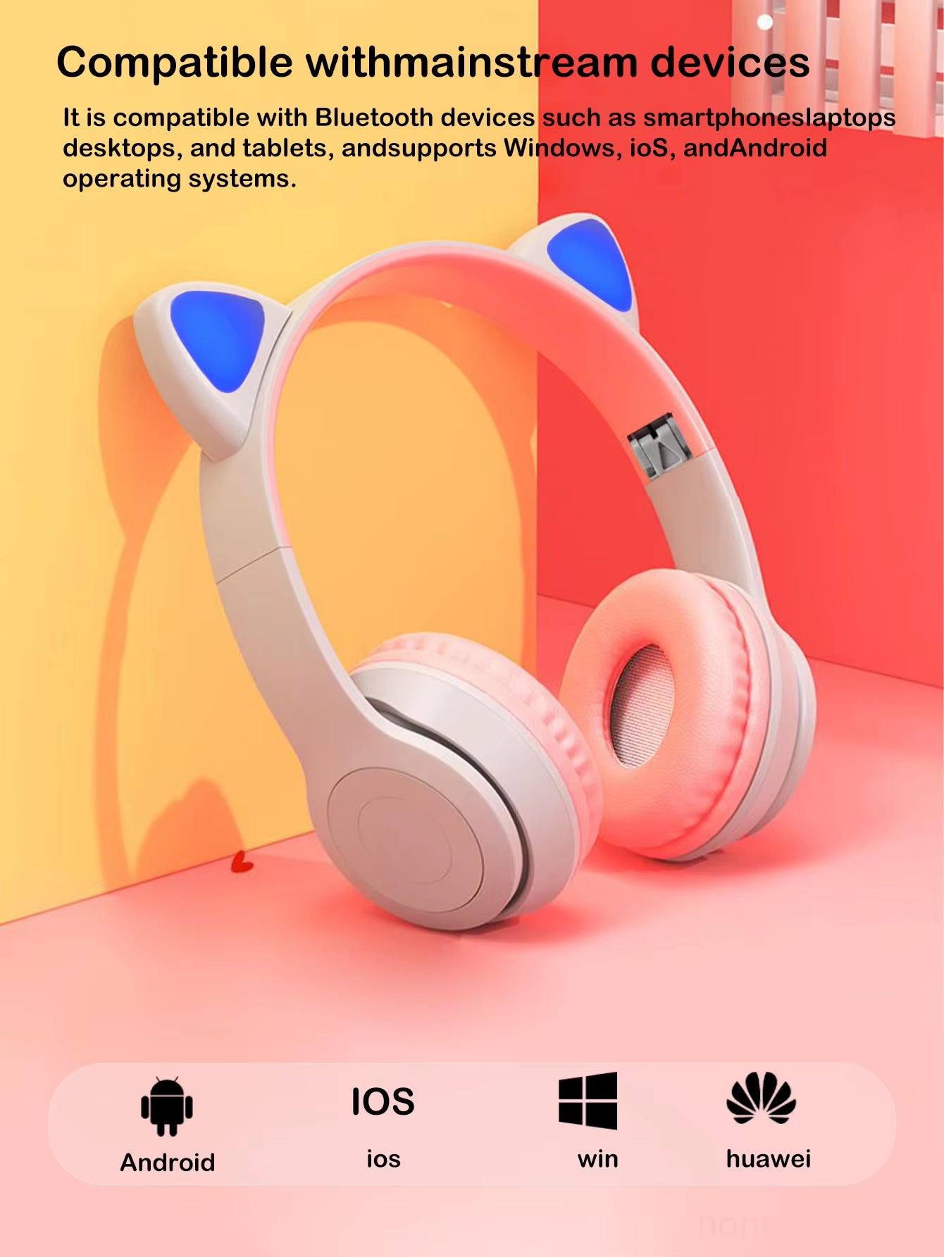 Fashionable foldable cool glowing cat-ear over-ear headphones, suitable for office use / listening to music / exercising