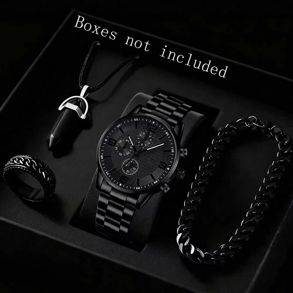 4PCS Black Men's Watch Set Trendy Business Fashion Quartz Watch Bracelet Necklace Ring Set Suitable for Daily Clothing Matching