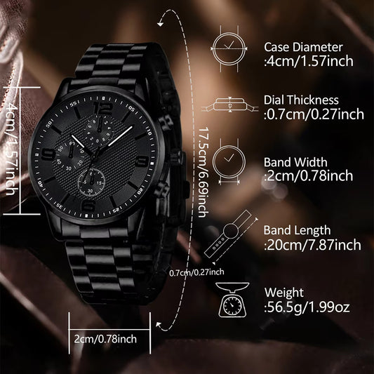 4PCS Black Men's Watch Set Trendy Business Fashion Quartz Watch Bracelet Necklace Ring Set Suitable for Daily Clothing Matching