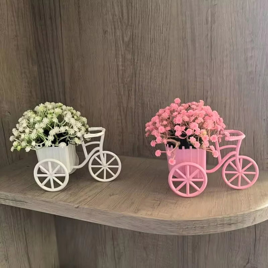 Light Luxury Modern Style Bicycle Flower Basket with Beautiful Artificial Flowers and Baby's Breath, Warm Home Decor for Cabinets, Bookshelves, Desktop Ornaments, Birthday, Housewarming, Valentine's Day Gift