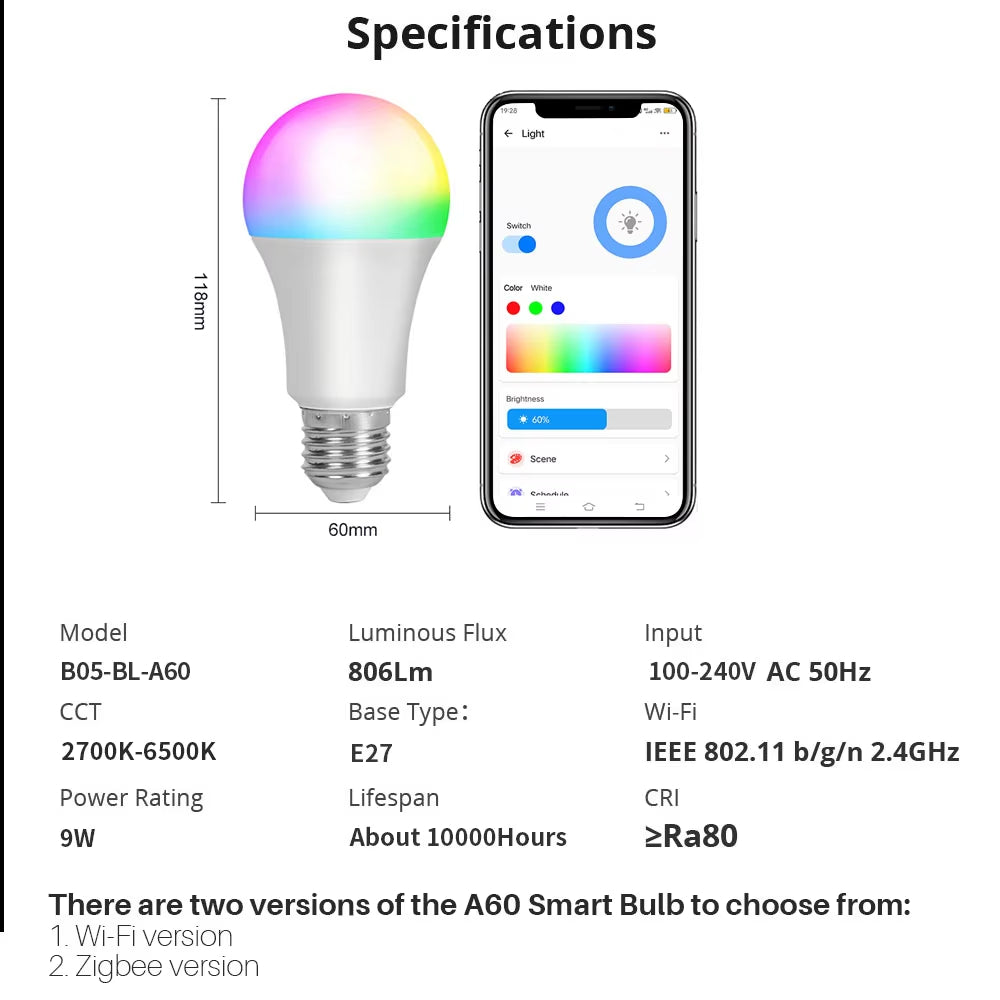 LED Smart WiFi Zigbee Light Bulb E27 RGB C+W LED Lamp Dimmable Magic Bulb Support Alexa Google Assistant Alice