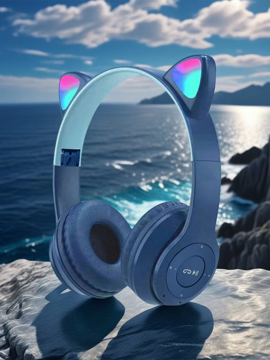 Fashionable foldable cool glowing cat-ear over-ear headphones, suitable for office use / listening to music / exercising
