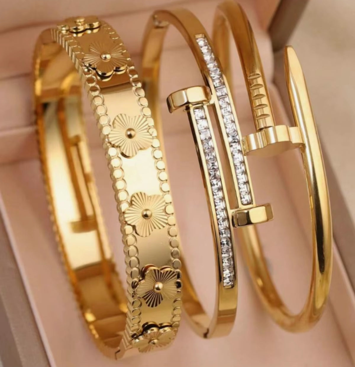 18K Gold Plated Stainless Steel Nail Bracelet for Women with Cubic Zirconia Bangle Fashion Daily Wear Jewelry
